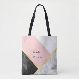 Elegant Black Marble Pink Colour Block With Name Tote Bag