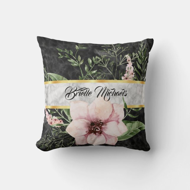Elegant Black Marble Pink Floral With Name Cushion (Front)