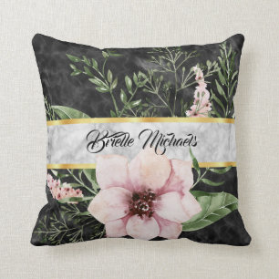 Elegant Black Marble Pink Floral With Name Cushion
