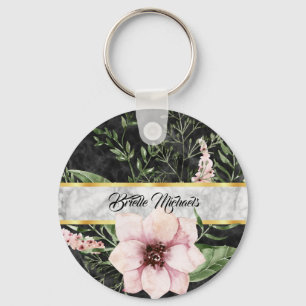 Elegant Black Marble Pink Floral With Name Key Ring