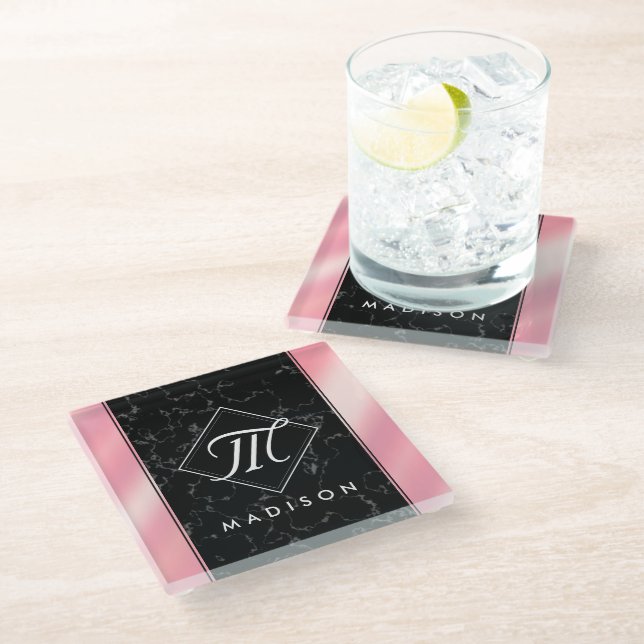 Elegant Black Marble & Pink Foil Monogram Glass Coaster (Angled)