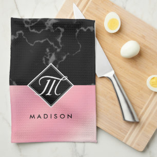 Elegant Black Marble & Pink Foil Monogram Tea Towel