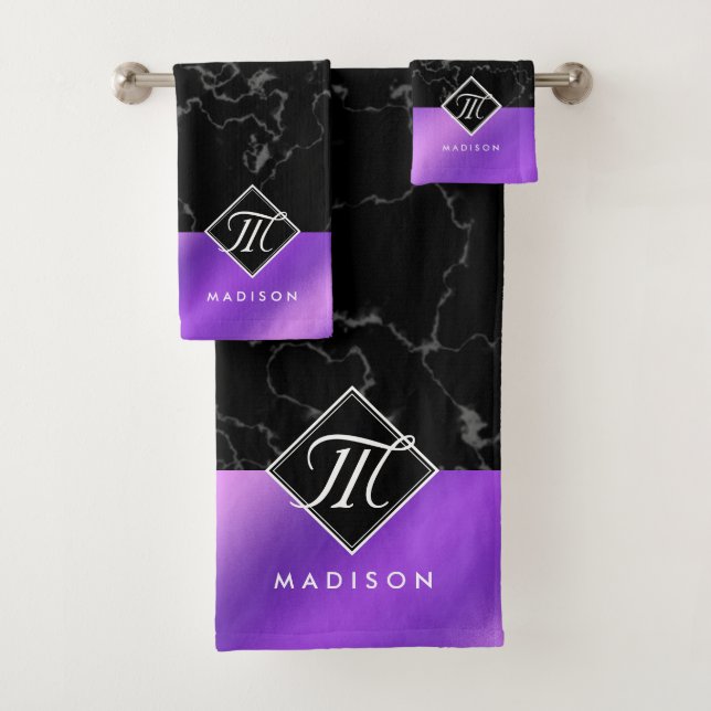 Elegant Black Marble & Purple Foil Monogram Bath Towel Set (Insitu)