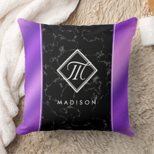 Elegant Black Marble & Purple Foil Monogram Cushion