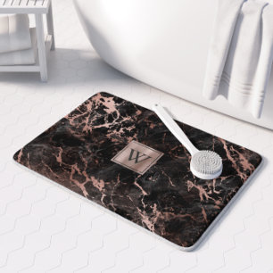 Elegant Black Marble Rose Gold Monogram Bath Mat