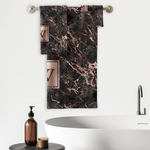 Elegant Black Marble Rose Gold Monogram Bath Towel Set