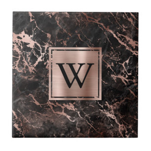 Elegant Black Marble Rose Gold Monogram Ceramic Tile