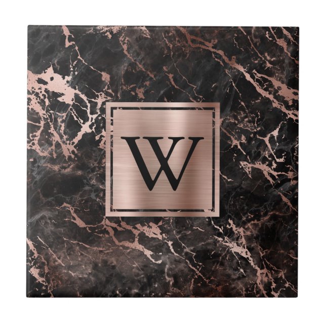 Elegant Black Marble Rose Gold Monogram Ceramic Tile (Front)