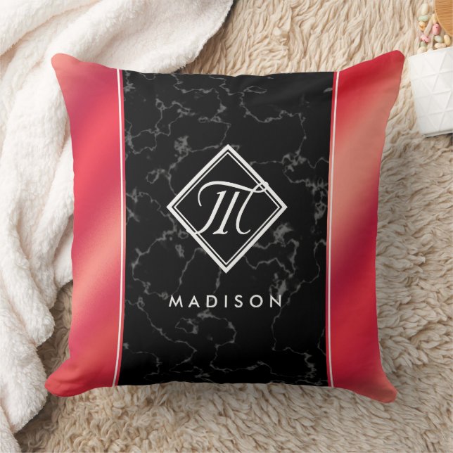 Elegant Black Marble & Rosé Red Foil Monogram Cushion (Blanket)