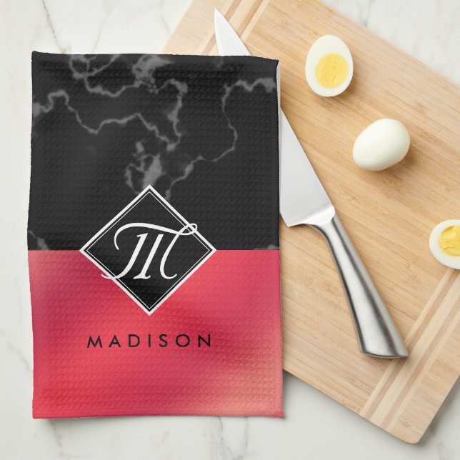 Elegant Black Marble & Rosé Red Foil Monogram Tea Towel (Quarter Fold)