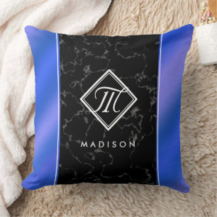 Elegant Black Marble & Royal Blue Foil Monogram Cushion