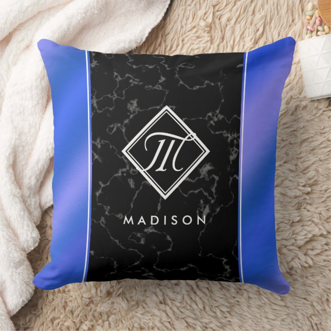 Elegant Black Marble & Royal Blue Foil Monogram Cushion (Blanket)