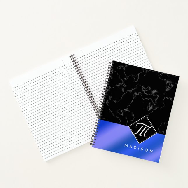 Elegant Black Marble & Royal Blue Foil Monogram Notebook (Inside)