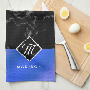 Elegant Black Marble & Royal Blue Foil Monogram Tea Towel
