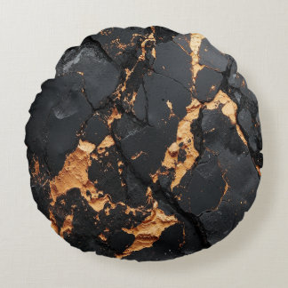 Elegant Black Marble with Gold Veins Modern Art Round Cushion