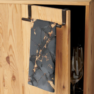 Elegant Black Marble with Gold Veins Modern Art Tea Towel