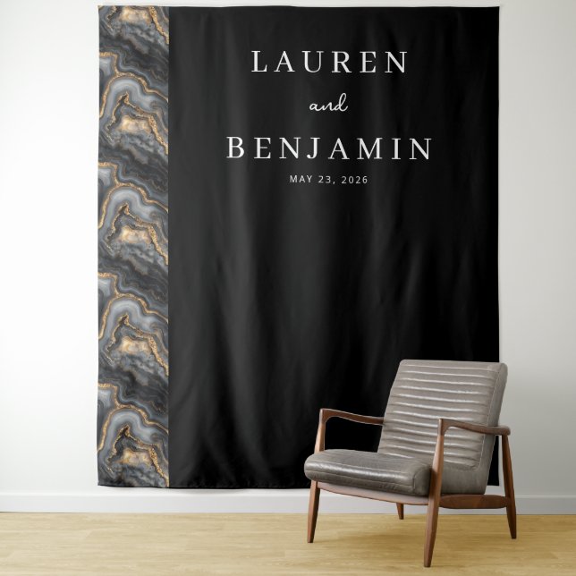 Elegant Black Marbled Abstraction Tapestry (In Situ)
