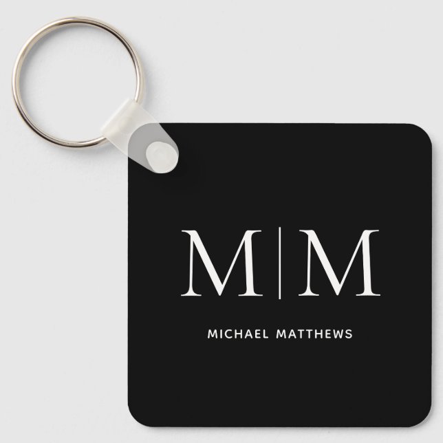 Elegant Black Masculine Personalised Monogram Name Key Ring (Front)