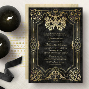 Elegant Black Masquerade Mask Quinceanera Invitation