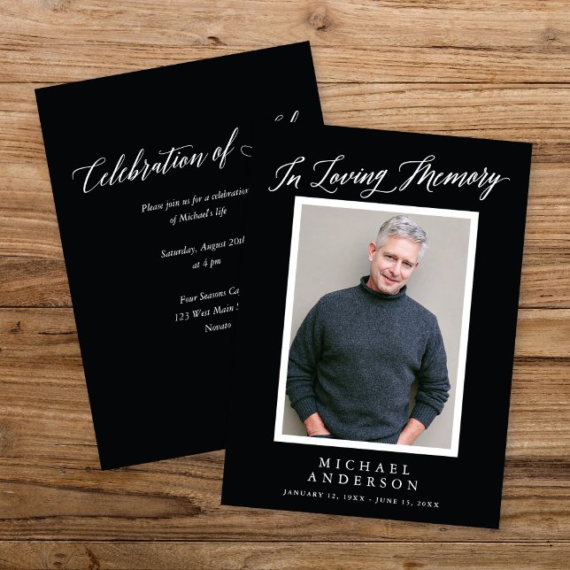 Elegant Black Memorial Photo Celebration of Life Invitation (Creator Uploaded)