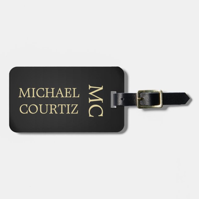 Elegant Black Metal Monogrammed Luggage Tag (Front Horizontal)