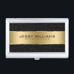 Elegant Black & Metallic Gold Stripe Business Card Holder<br><div class="desc">Elegant bold gold tones stripe over floral damasks black background. Customisable template. Metallic look and shine is a digital illusion and not real metal or shiny.</div>
