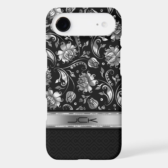 Elegant Black & Metallic Silver Damasks Case-Mate iPhone Case (Back)