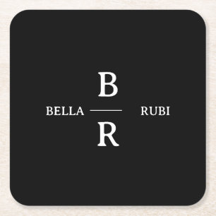 Elegant Black Minimal Wedding Monogram Design Square Paper Coaster