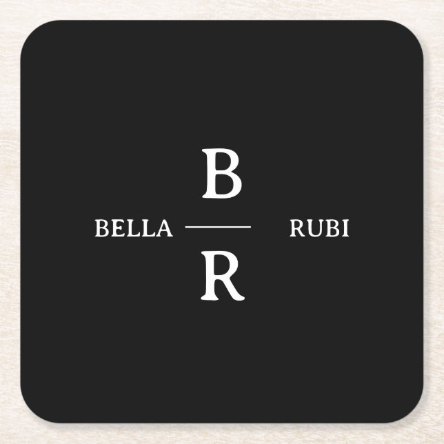 Elegant Black Minimal Wedding Monogram Design Square Paper Coaster (Front)