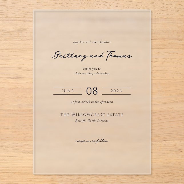 Elegant Black Minimalist Calligraphy Acrylic Invitations (Front)