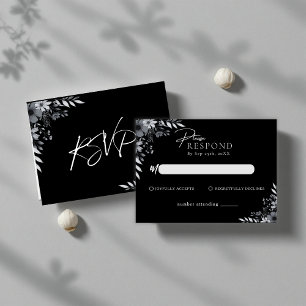 Elegant Black Minimalist Floral Wedding RSVP Card