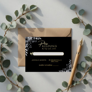 Elegant Black Minimalist Floral Wedding RSVP Foil Invitation Postcard