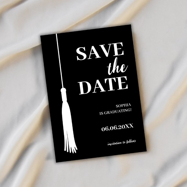 Elegant Black Minimalist Grad Tassel Graduation Save The Date (graduation save the date card grad tassel elegant minimalist simple black class of 2024)