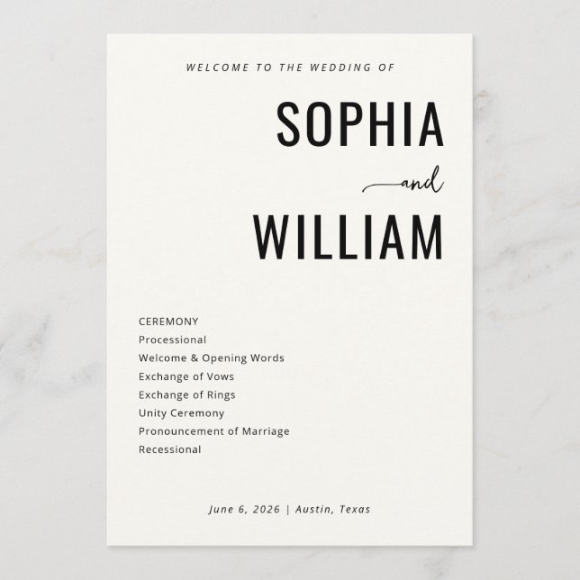 Elegant Black Minimalist Wedding Program (Front)