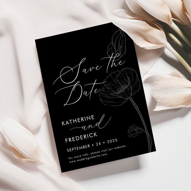 Elegant Black Minimalist Wildflowers Save the Date Invitation (Creator Uploaded)