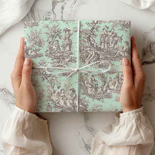 Elegant Black Mint French Toile Country Floral Wrapping Paper