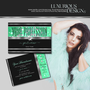 Elegant Black Mint Green Glitter Diamonds Silver Business Card