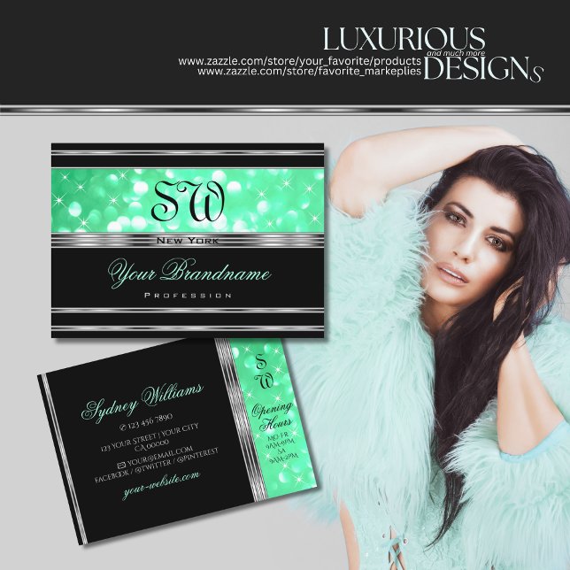 Elegant Black Mint Green Glitter Monogram Silver Business Card (Creator Uploaded)