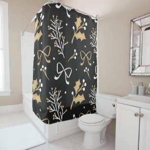 Elegant Black Mistletoe & Ribbon Christmas Pattern Shower Curtain