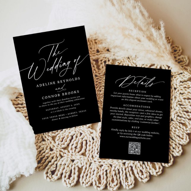 Elegant Black Modern Calligraphy Wedding QR code Invitation (Creator Uploaded)