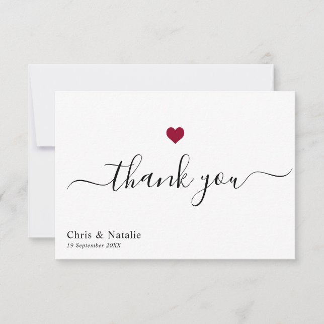 Elegant Black Modern Script Burgundy Red Heart Thank You Card (Front)