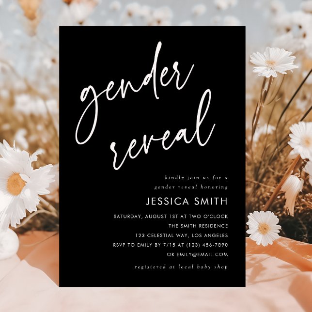 Elegant Black Modern Script Gender Reveal Party Invitation (Creator Uploaded)