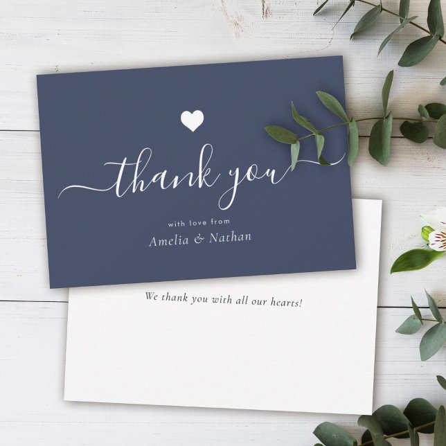 Elegant Black Modern Script Navy Blue Heart  Thank You Card (Creator Uploaded)