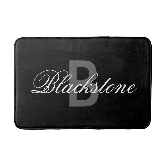 Elegant black monogram bath mat for bathroom (Front)