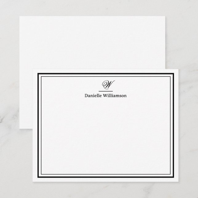 Elegant Black Monogram Double Border Flat White Card (Front/Back)
