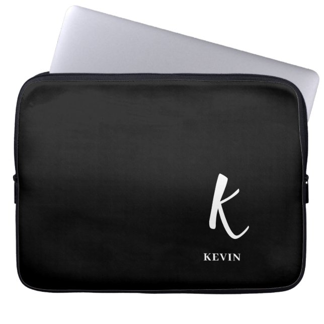 Elegant Black Monogram Laptop Sleeve (Front)