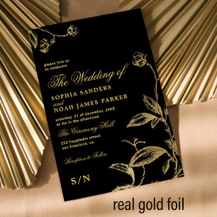 Elegant black monogram modern floral wedding gold