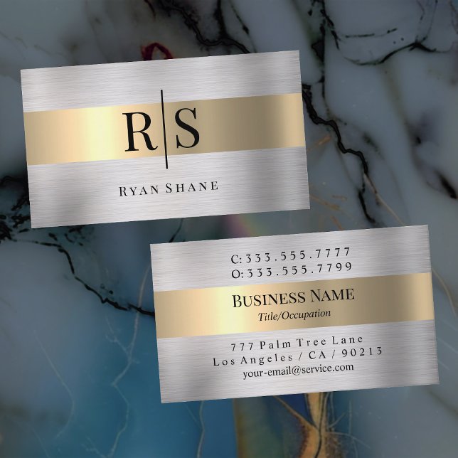 Elegant Black Monogram & Name, Brushed Silver&Gold Business Card (Creator Uploaded)