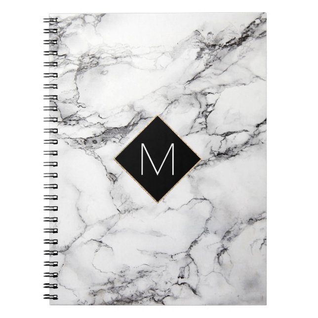 elegant black monogram on white marble texture notebook (Front)