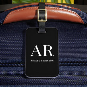 Elegant Black Monogram Personalised Name Initials Luggage Tag